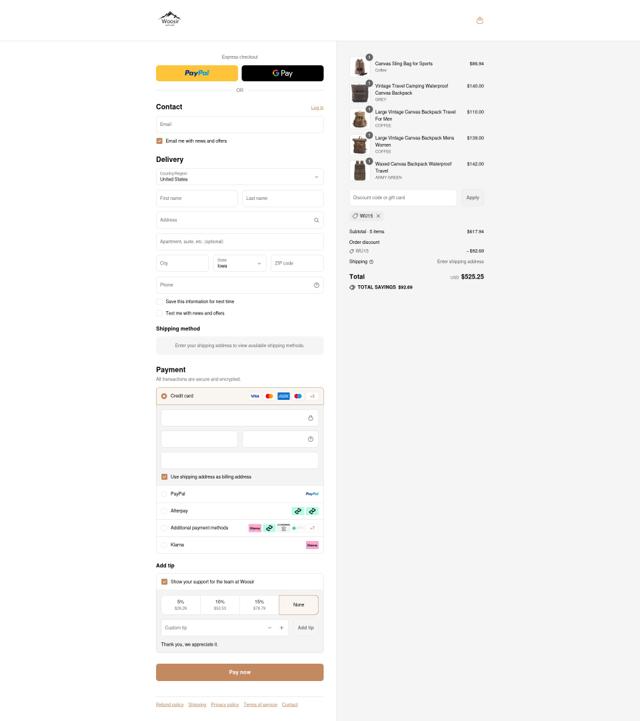 Woosir checkout page showing Woosir discount code box | Screenshot taken by SimplyCodes community member on Sep 7, 2025
