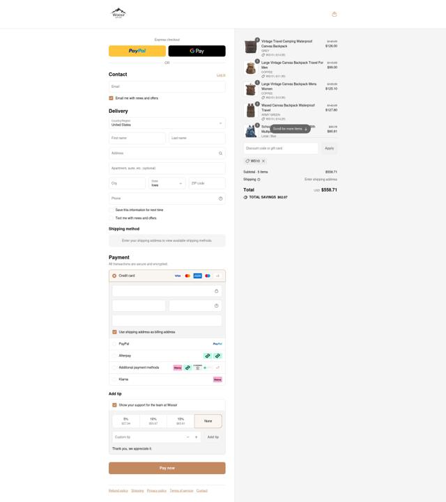 Woosir checkout page showing Woosir discount code box | Screenshot taken by SimplyCodes community member on Sep 3, 2025