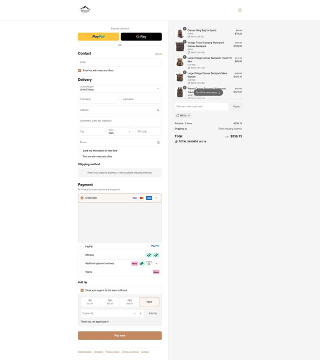 Woosir checkout page showing Woosir discount code box | Screenshot taken by SimplyCodes community member on Sep 11, 2025