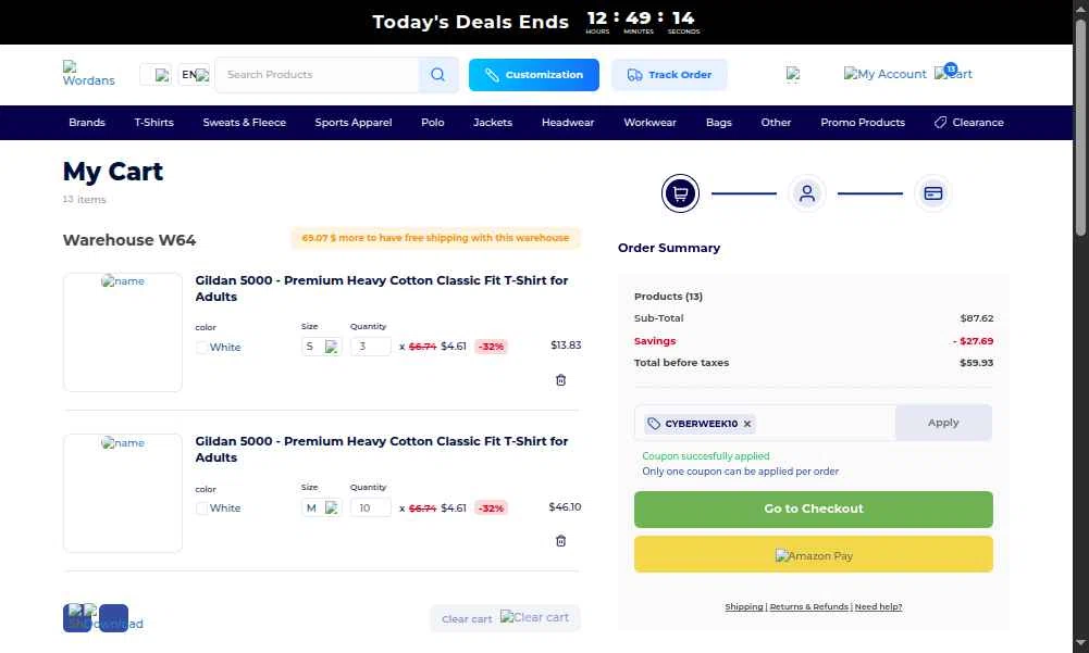Wordans checkout page showing Wordans coupon code box | Screenshot taken by SimplyCodes community member on Dec 4, 2025