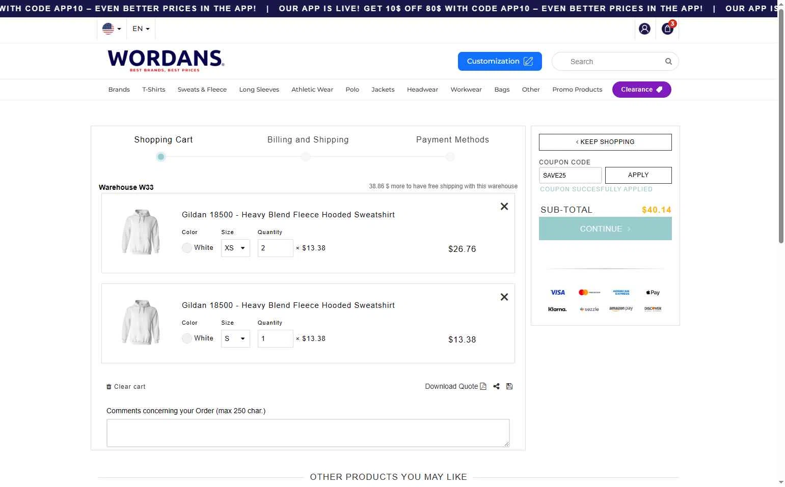 Wordans checkout page showing Wordans coupon code box | Screenshot taken by SimplyCodes community member on Sep 28, 2025