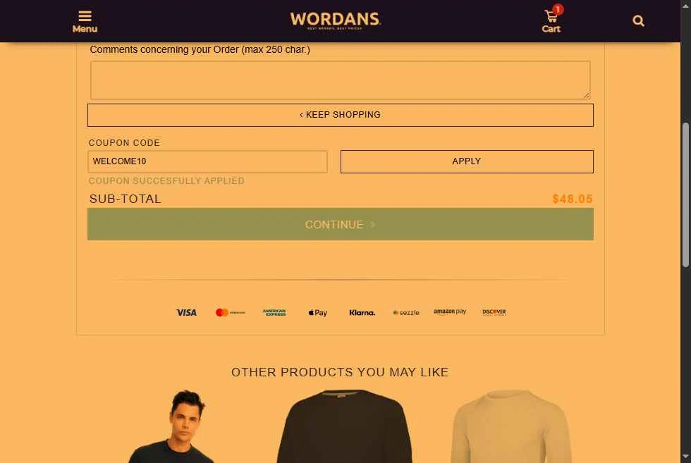 Wordans checkout page showing Wordans coupon code box | Screenshot taken by SimplyCodes community member on Sep 21, 2025
