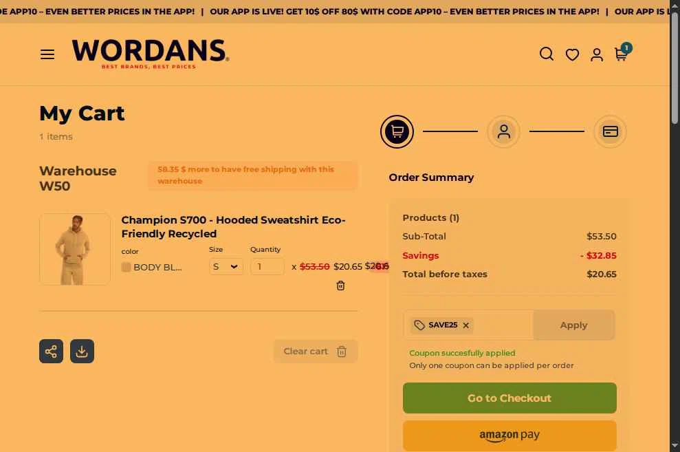 Wordans checkout page showing Wordans coupon code box | Screenshot taken by SimplyCodes community member on Oct 10, 2025