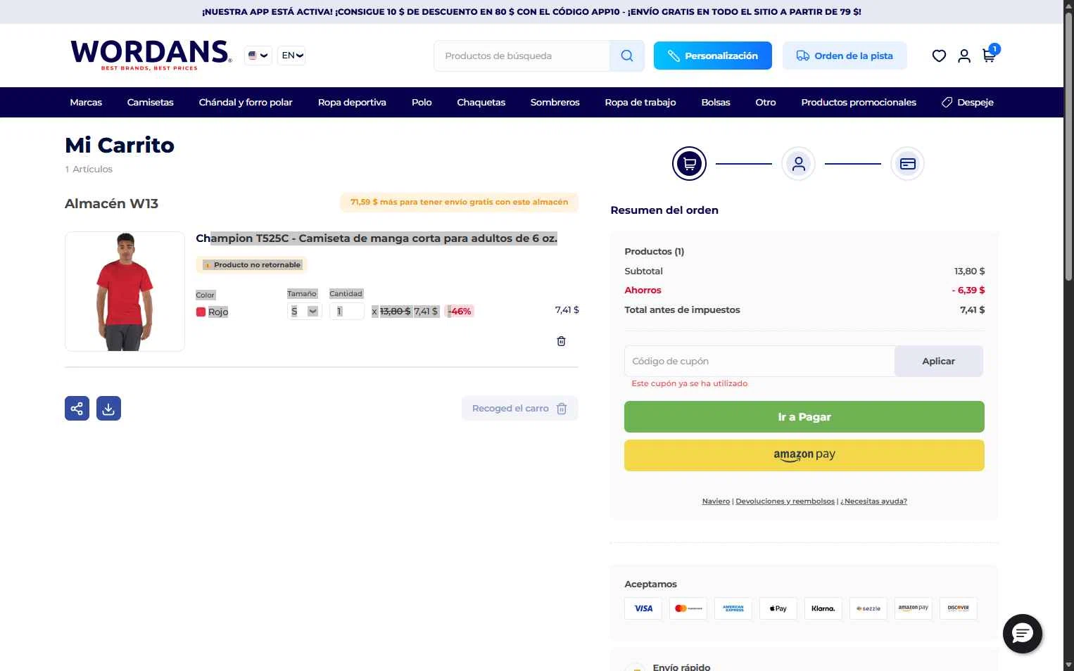 Wordans checkout page showing Wordans coupon code box | Screenshot taken by SimplyCodes community member on Nov 21, 2025