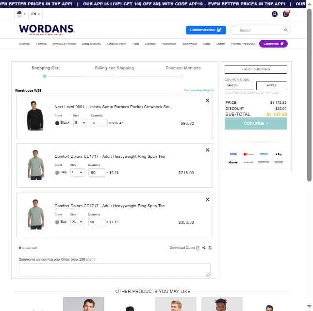 Wordans checkout page showing Wordans coupon code box | Screenshot taken by SimplyCodes community member on Sep 28, 2025