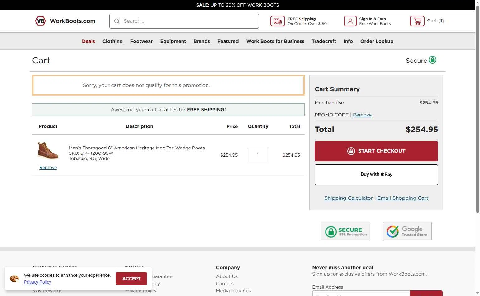 Work Boots checkout page showing Work Boots promo code box | Screenshot taken by SimplyCodes community member on Dec 22, 2025