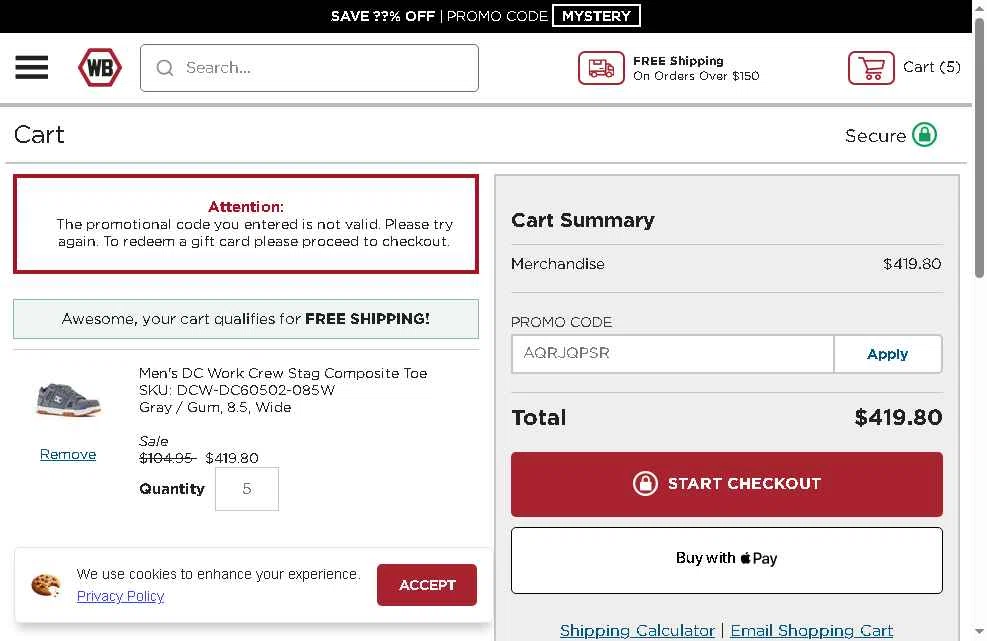 Work Boots checkout page showing Work Boots promo code box | Screenshot taken by SimplyCodes community member on Dec 7, 2025