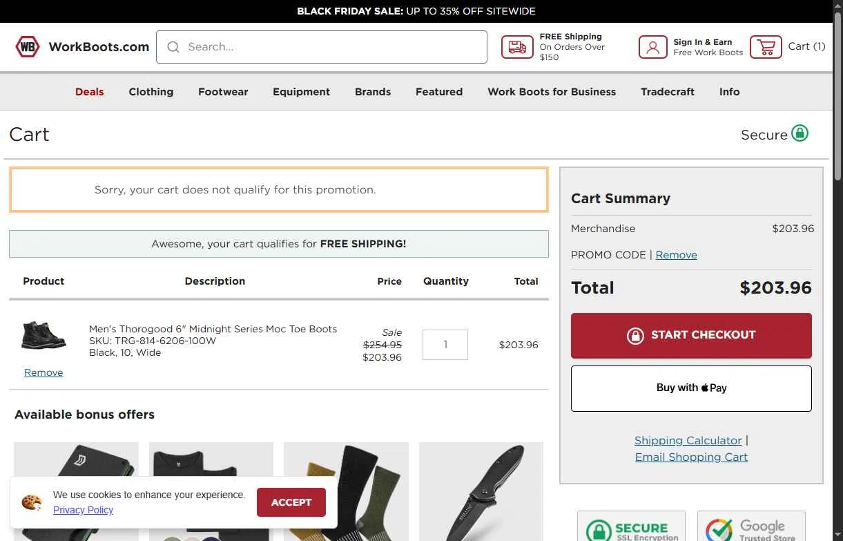 Work Boots checkout page showing Work Boots promo code box | Screenshot taken by SimplyCodes community member on Nov 27, 2025
