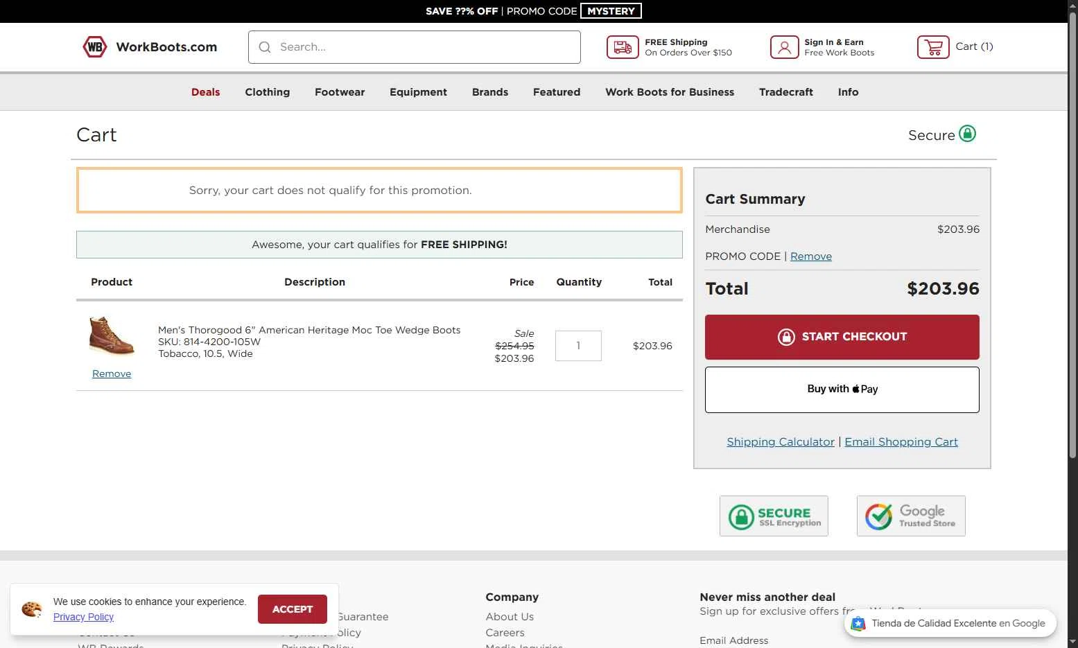 Work Boots checkout page showing Work Boots promo code box | Screenshot taken by SimplyCodes community member on Dec 7, 2025