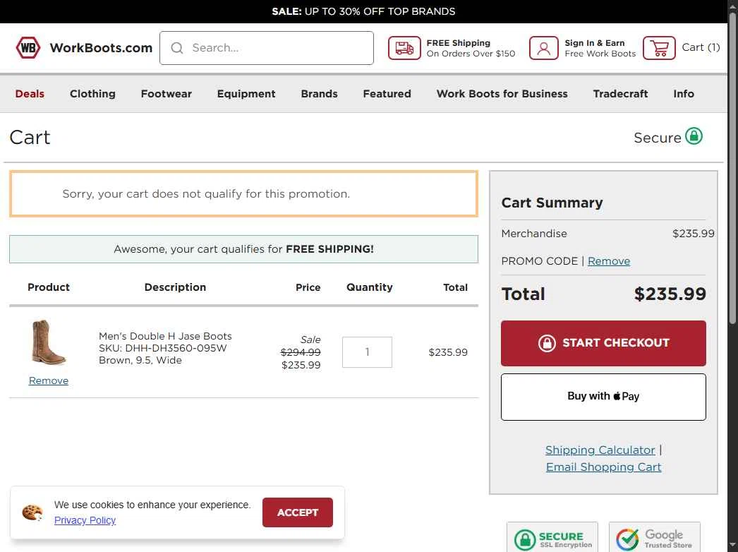 Work Boots checkout page showing Work Boots promo code box | Screenshot taken by SimplyCodes community member on Dec 3, 2025