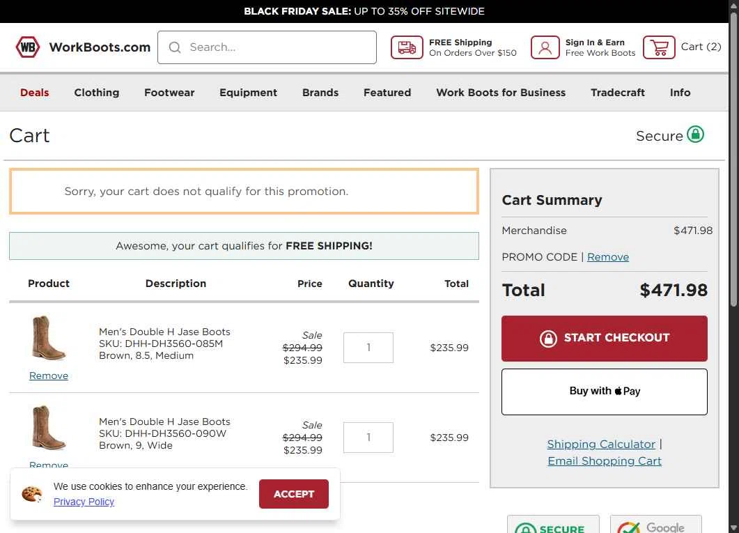 Work Boots checkout page showing Work Boots promo code box | Screenshot taken by SimplyCodes community member on Nov 30, 2025