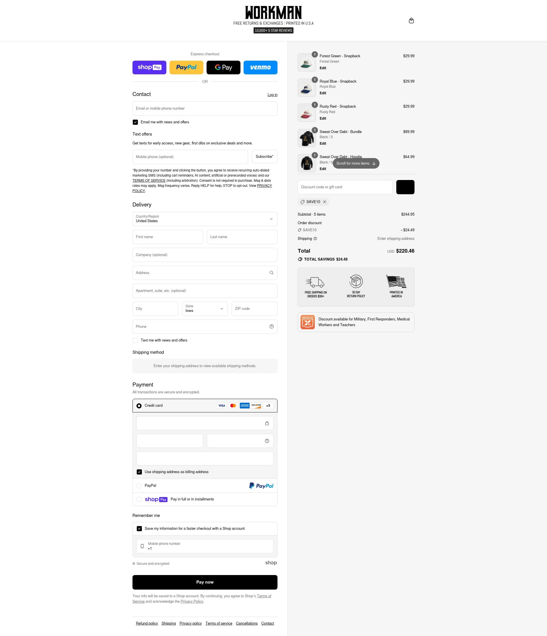 WORKMAN checkout page showing WORKMAN discount code box | Screenshot taken by SimplyCodes community member on Jul 26, 2025