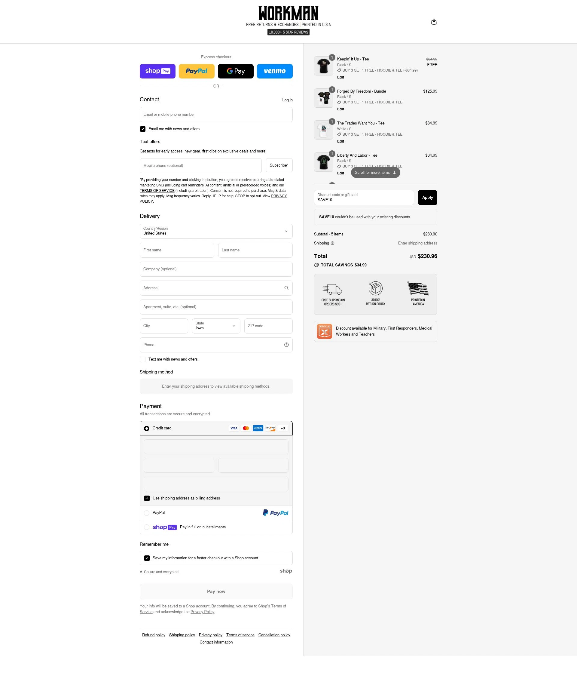 WORKMAN checkout page showing WORKMAN discount code box | Screenshot taken by SimplyCodes community member on Jul 22, 2025