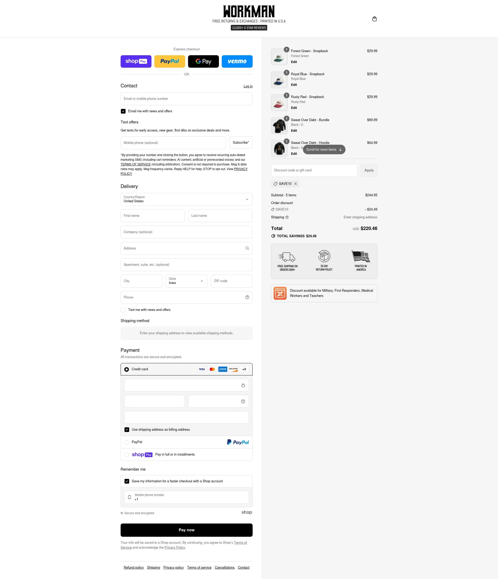 WORKMAN checkout page showing WORKMAN discount code box | Screenshot taken by SimplyCodes community member on Aug 11, 2025