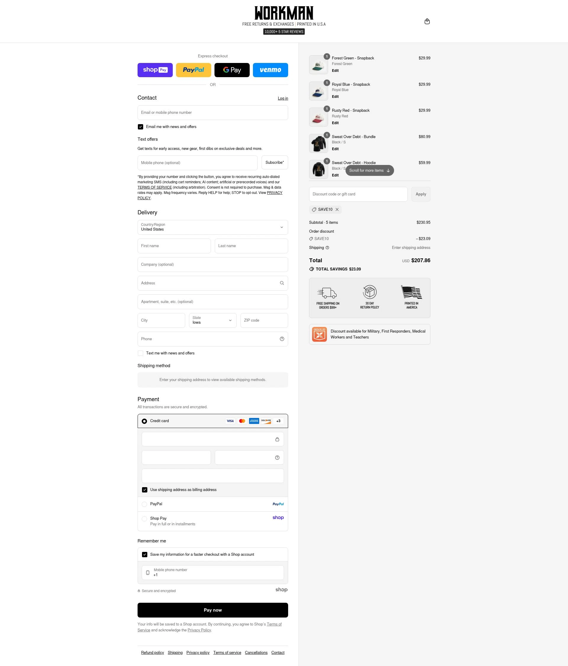 WORKMAN checkout page showing WORKMAN discount code box | Screenshot taken by SimplyCodes community member on Aug 21, 2025