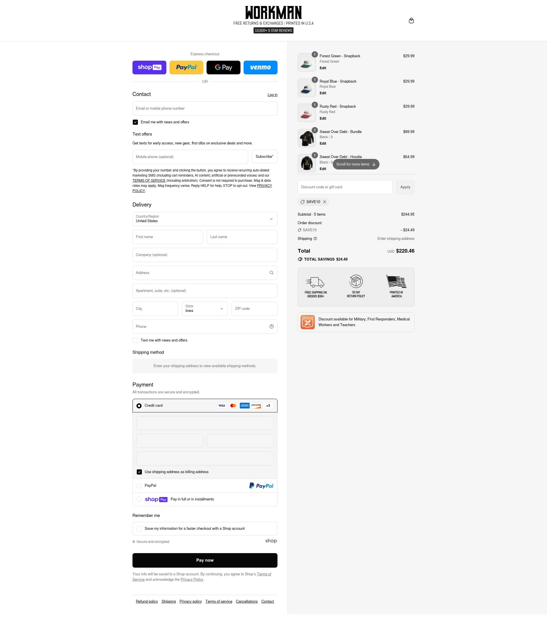 WORKMAN checkout page showing WORKMAN discount code box | Screenshot taken by SimplyCodes community member on Aug 8, 2025