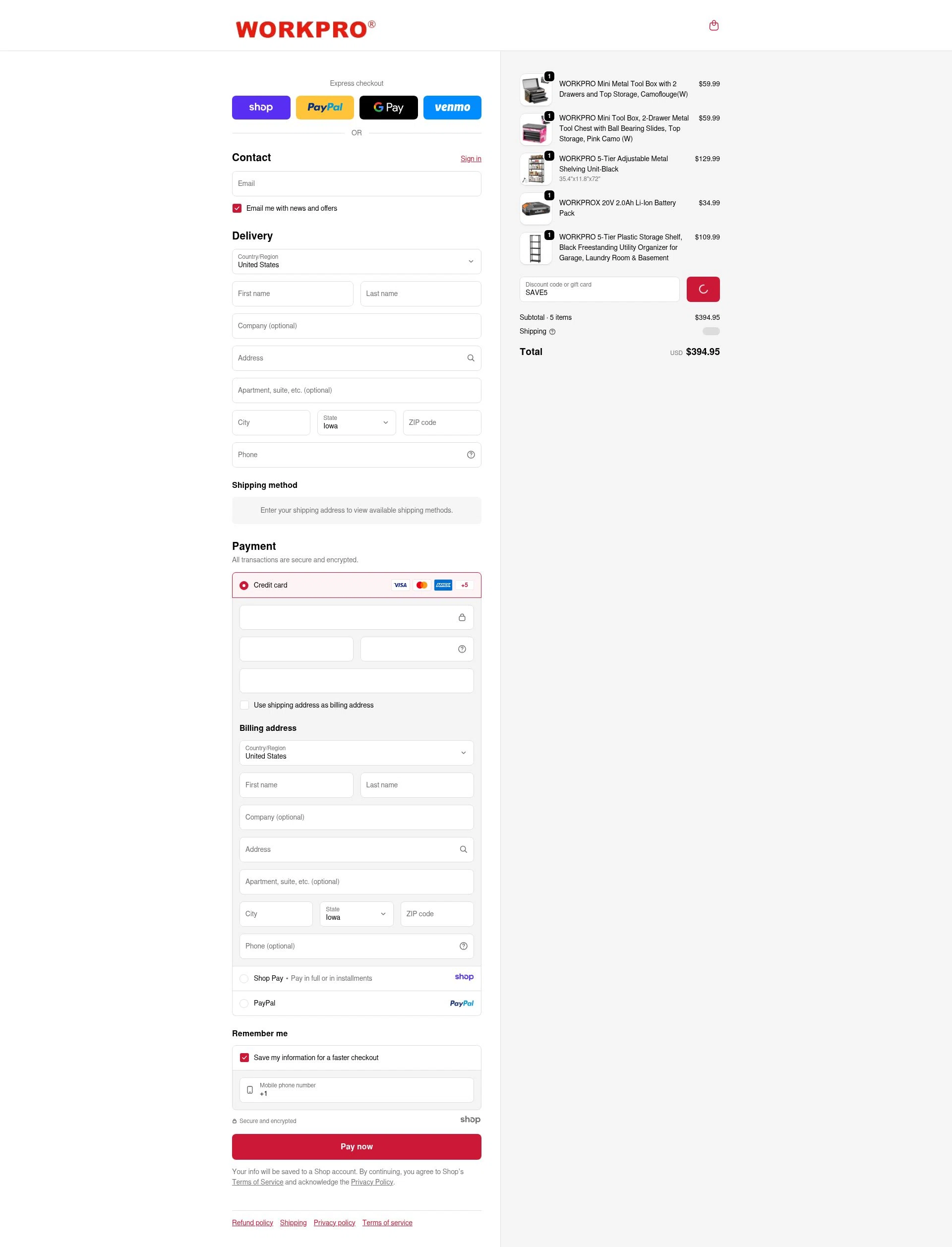 WORKPRO TOOLS checkout page showing WORKPRO TOOLS promo code box | Screenshot taken by SimplyCodes community member on Jan 5, 2026