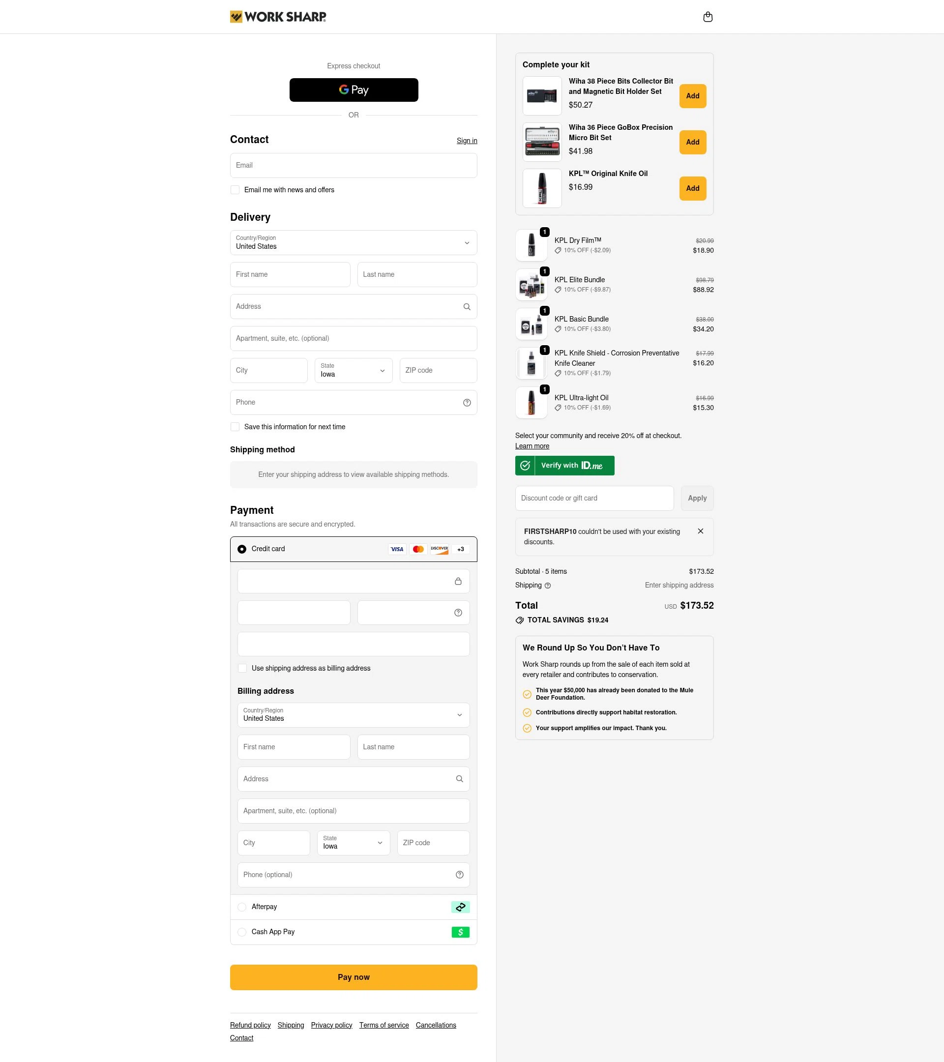 Work Sharp checkout page showing Work Sharp discount code box | Screenshot taken by SimplyCodes community member on Jan 27, 2026