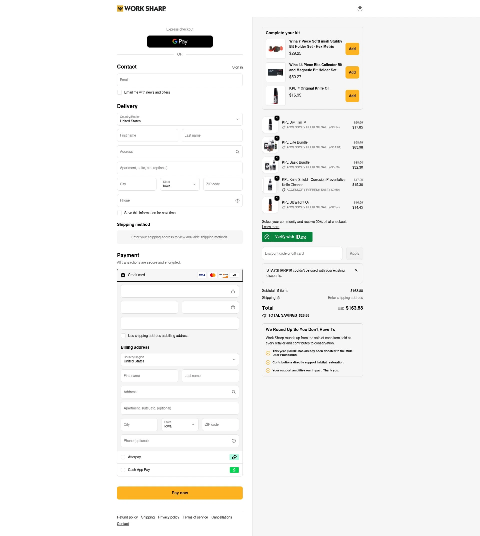 Work Sharp checkout page showing Work Sharp discount code box | Screenshot taken by SimplyCodes community member on Feb 5, 2026