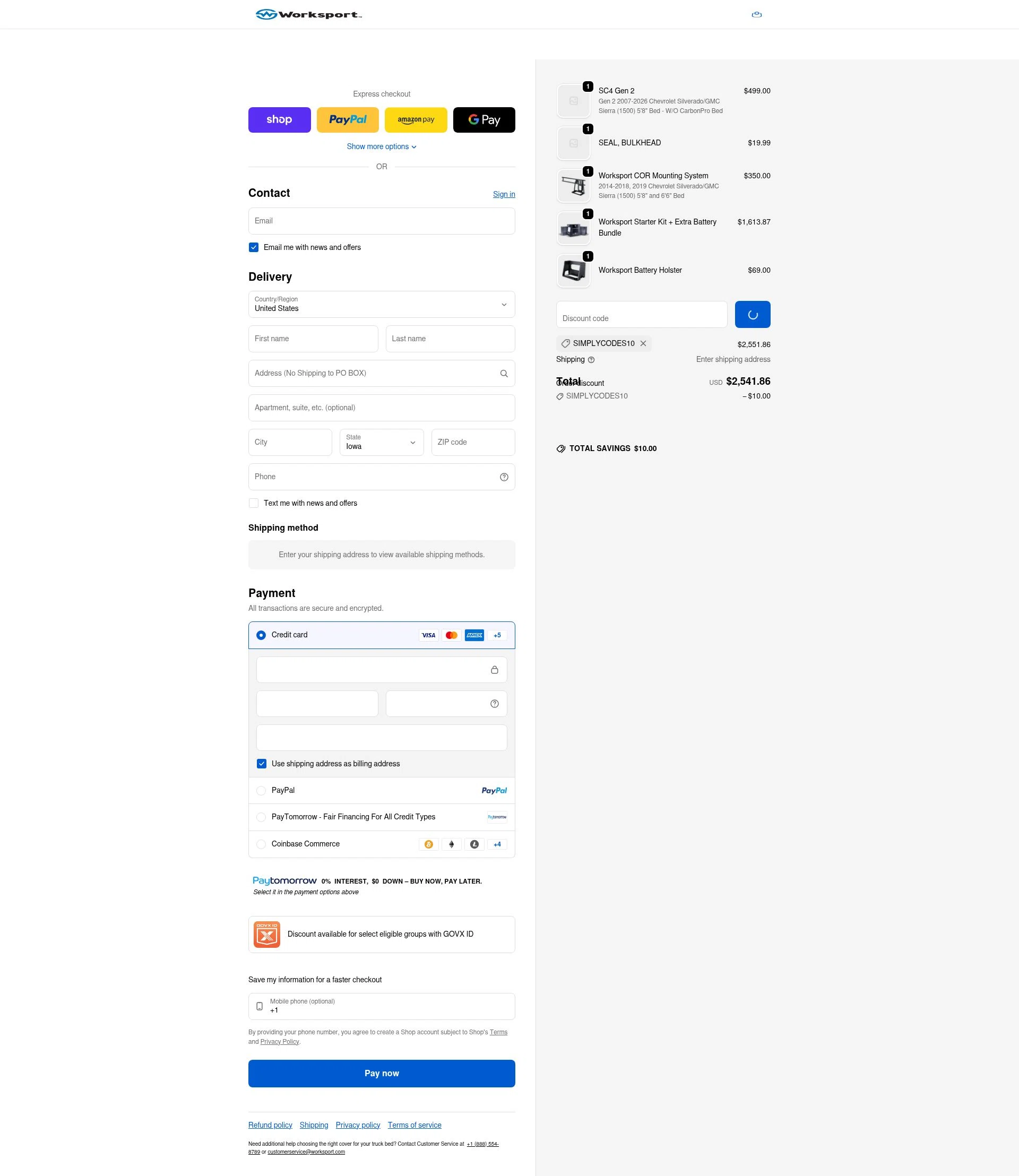 Worksport checkout page showing Worksport discount code box | Screenshot taken by SimplyCodes community member on Jan 8, 2026
