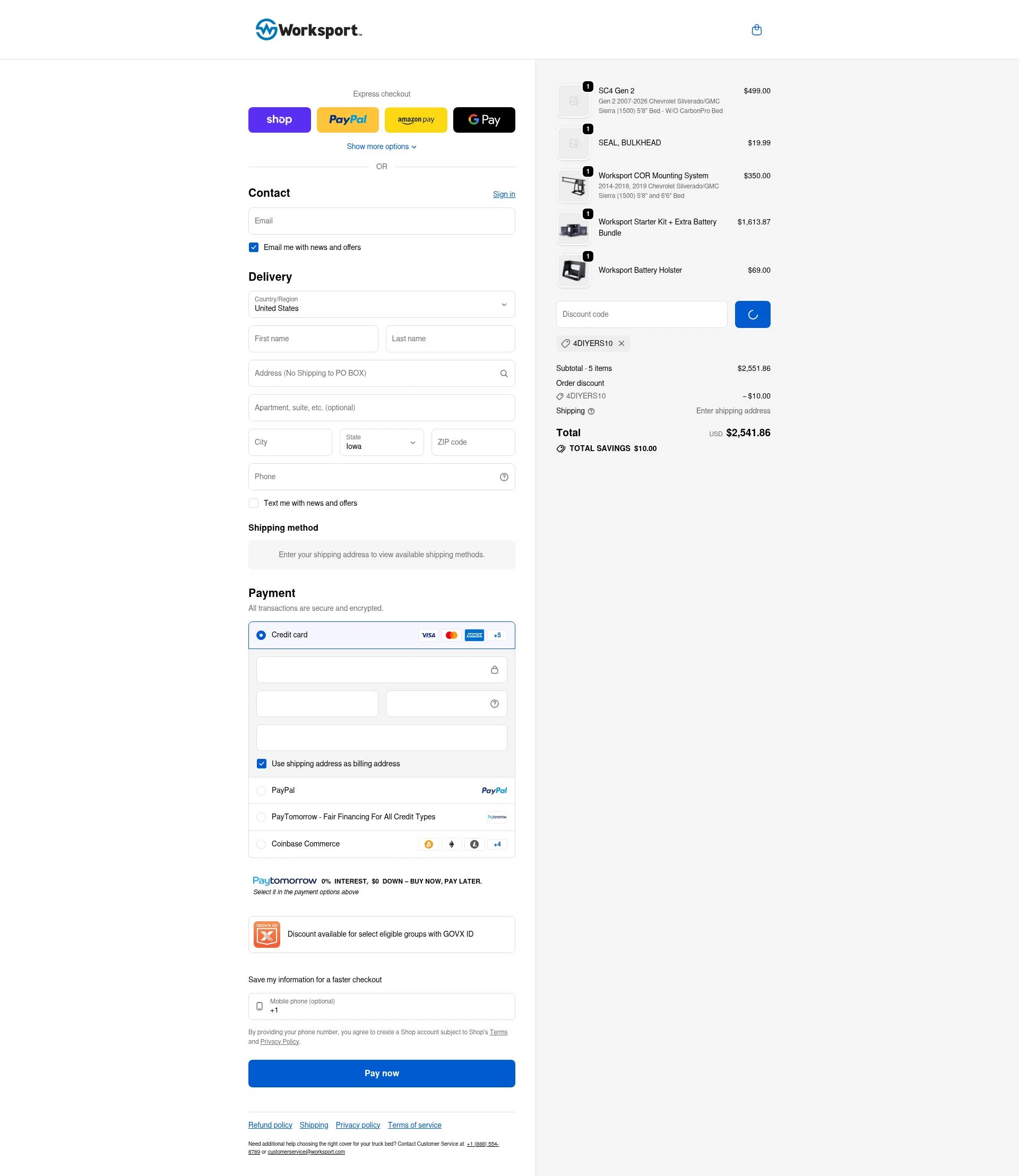 Worksport checkout page showing Worksport discount code box | Screenshot taken by SimplyCodes community member on Jan 8, 2026