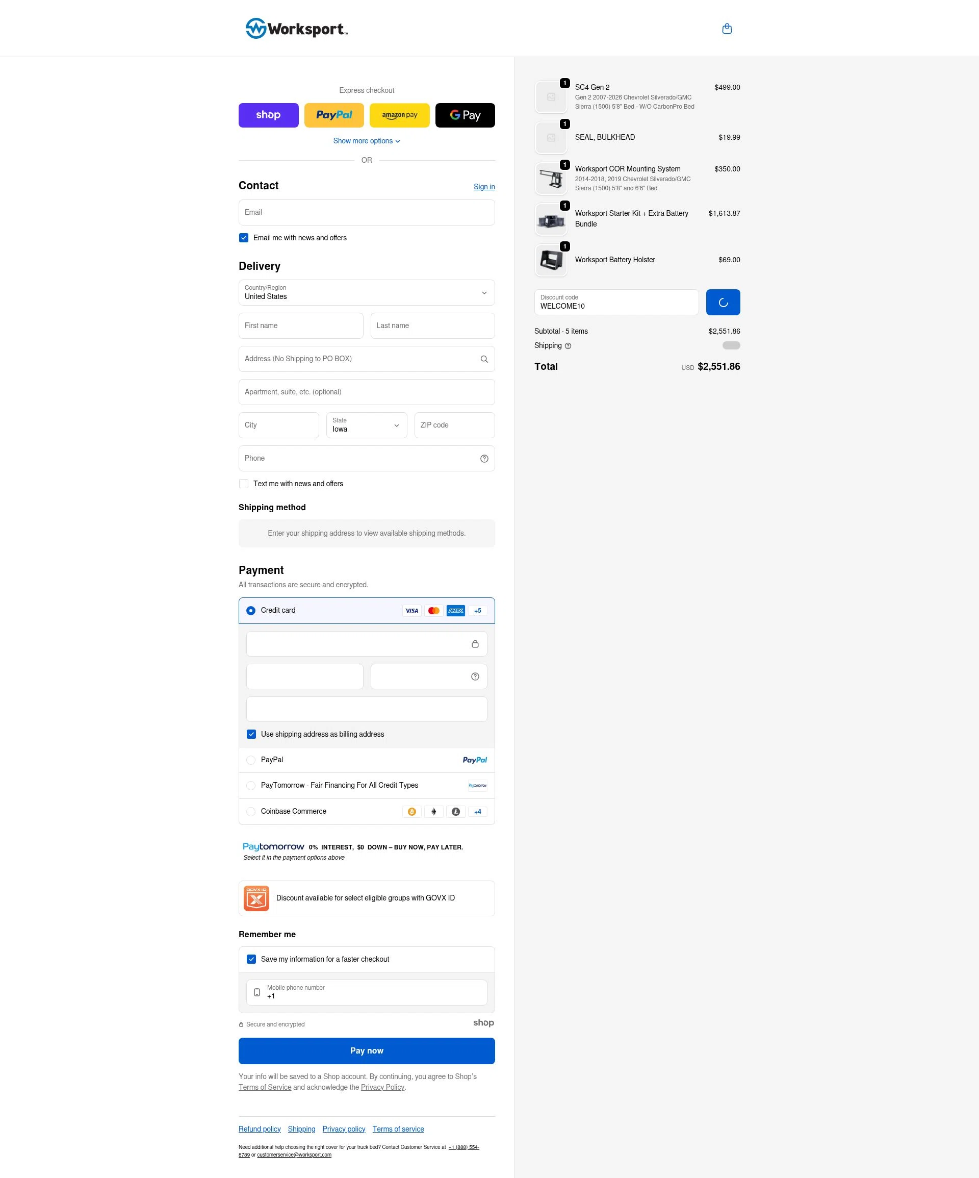 Worksport checkout page showing Worksport discount code box | Screenshot taken by SimplyCodes community member on Jan 8, 2026