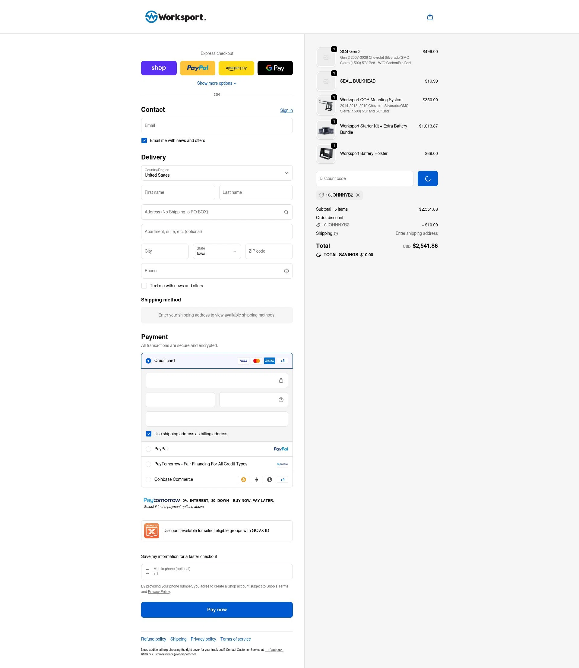 Worksport checkout page showing Worksport discount code box | Screenshot taken by SimplyCodes community member on Jan 8, 2026