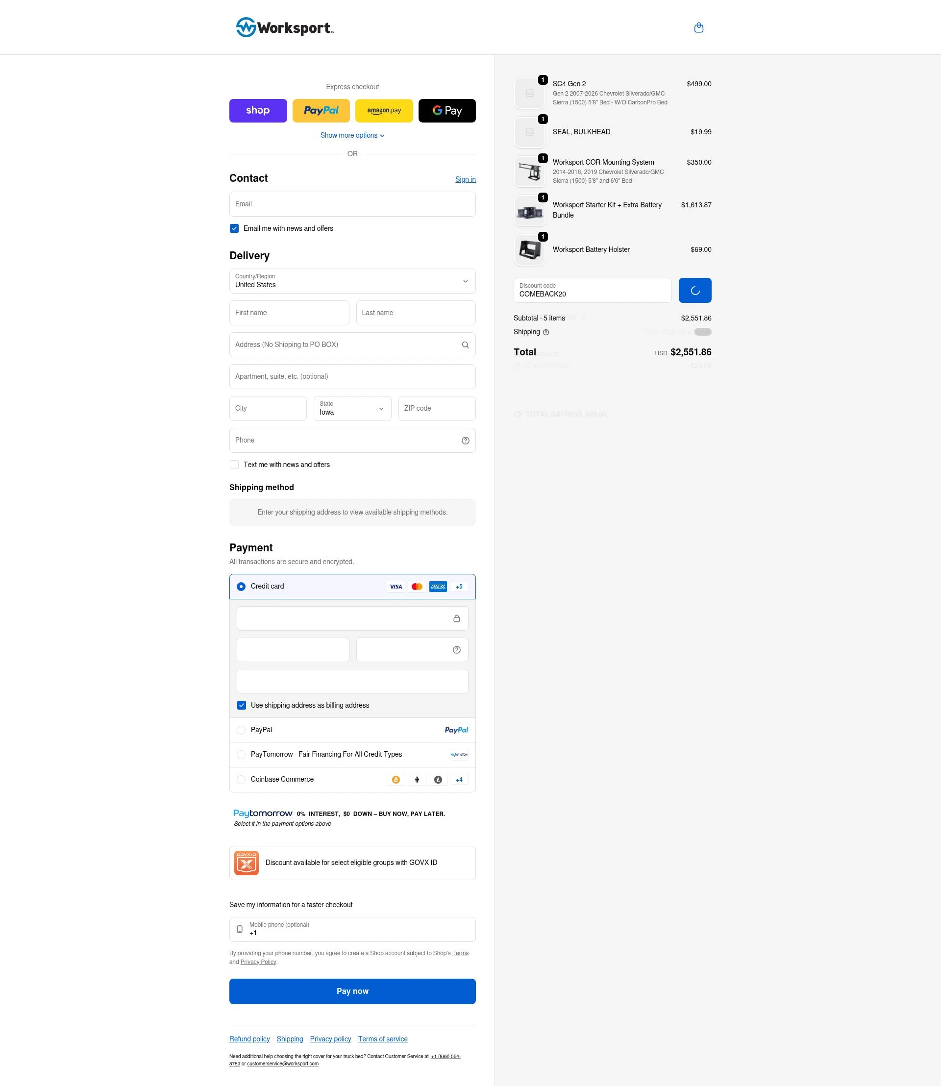 Worksport checkout page showing Worksport discount code box | Screenshot taken by SimplyCodes community member on Jan 8, 2026