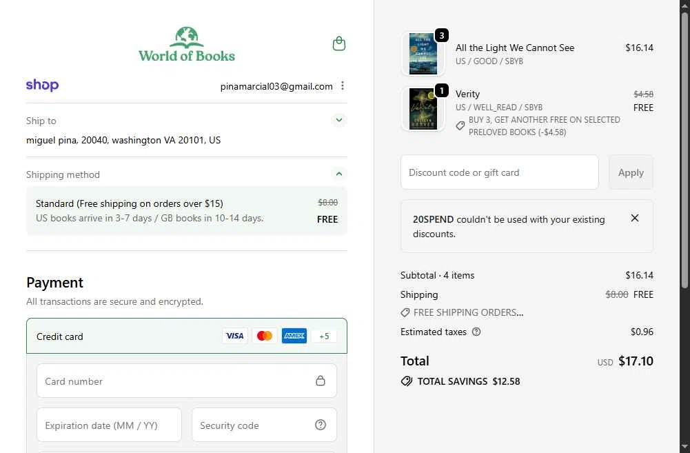 World of Books.com checkout page showing World of Books.com discount code box | Screenshot taken by SimplyCodes community member on Jan 29, 2026