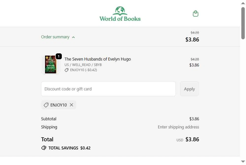 World of Books.com checkout page showing World of Books.com discount code box | Screenshot taken by SimplyCodes community member on Jan 27, 2026