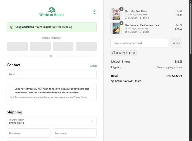 World of Books.com checkout page showing World of Books.com discount code box | Screenshot taken by SimplyCodes community member on Sep 6, 2025