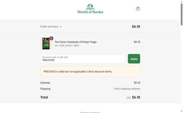 World of Books.com checkout page showing World of Books.com discount code box | Screenshot taken by SimplyCodes community member on Sep 2, 2025