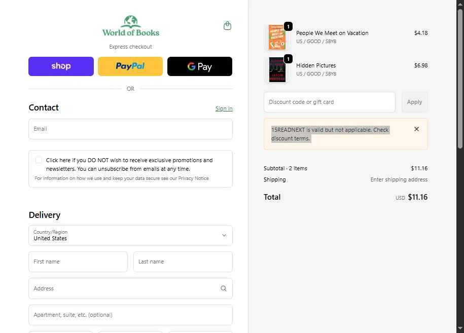 Verification screenshot for 15% Off Select Items at World of Books. com at World of Books.com — 1d ago