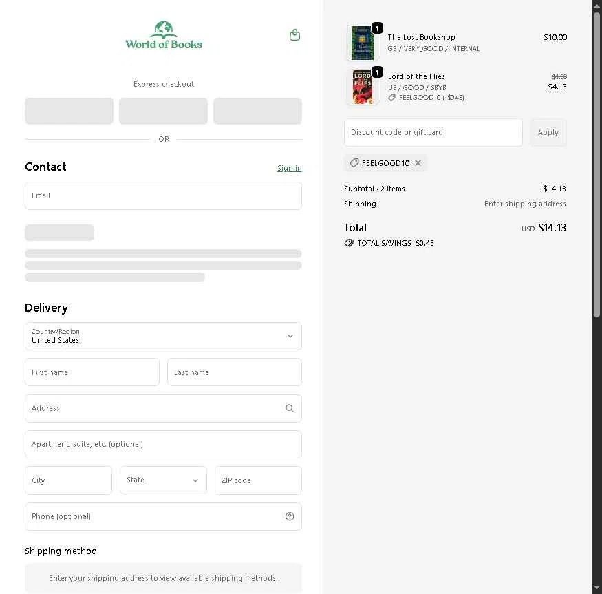 World of Books.com checkout page showing World of Books.com discount code box | Screenshot taken by SimplyCodes community member on Jan 27, 2026