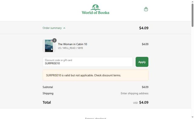 World of Books.com checkout page showing World of Books.com discount code box | Screenshot taken by SimplyCodes community member on Sep 2, 2025