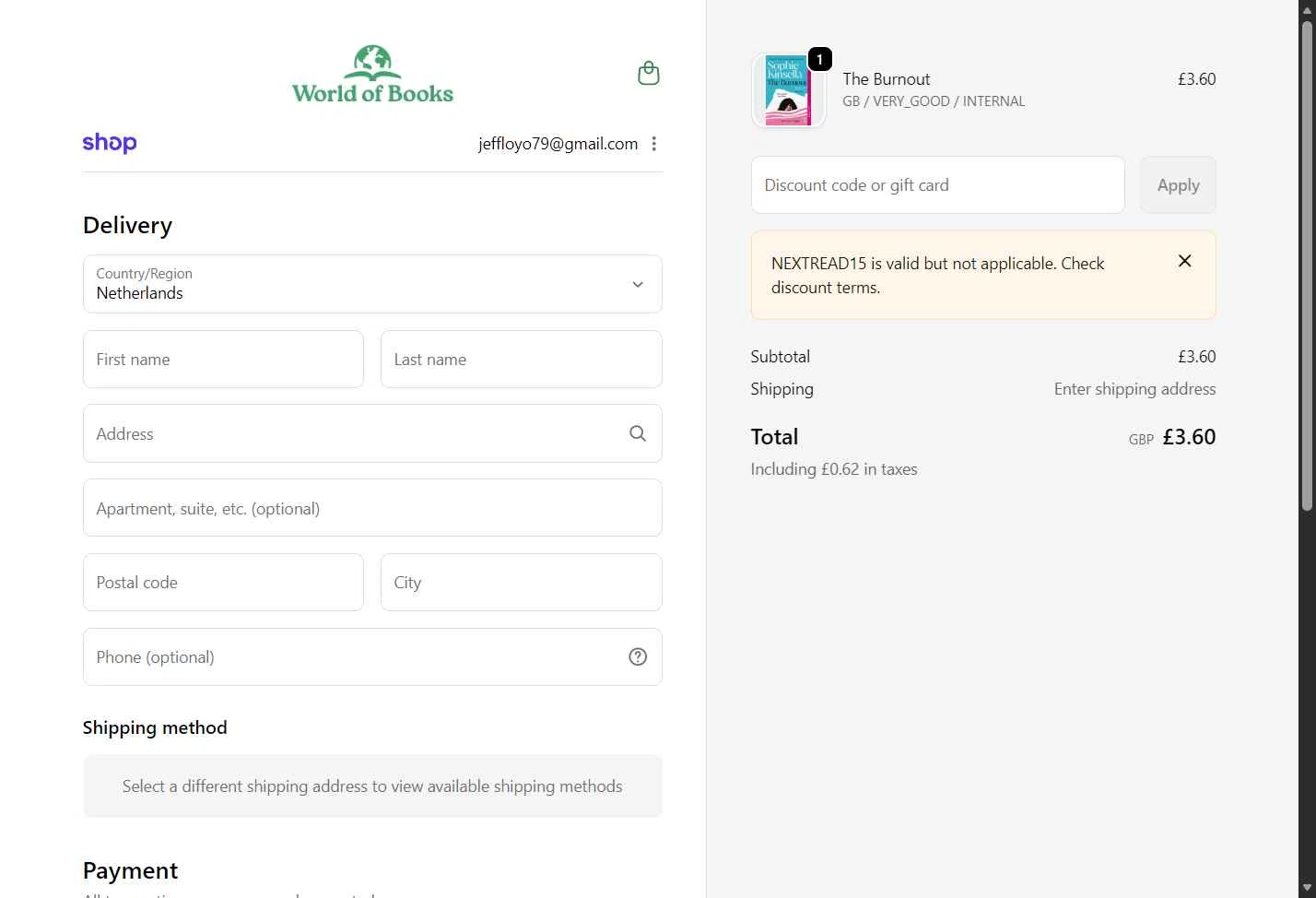 World of Books.com checkout page showing World of Books.com discount code box | Screenshot taken by SimplyCodes community member on Jan 24, 2026