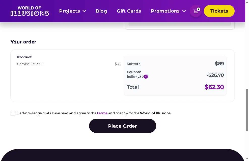 World of Illusions checkout page showing World of Illusions promo code box | Screenshot taken by SimplyCodes community member on Dec 25, 2025