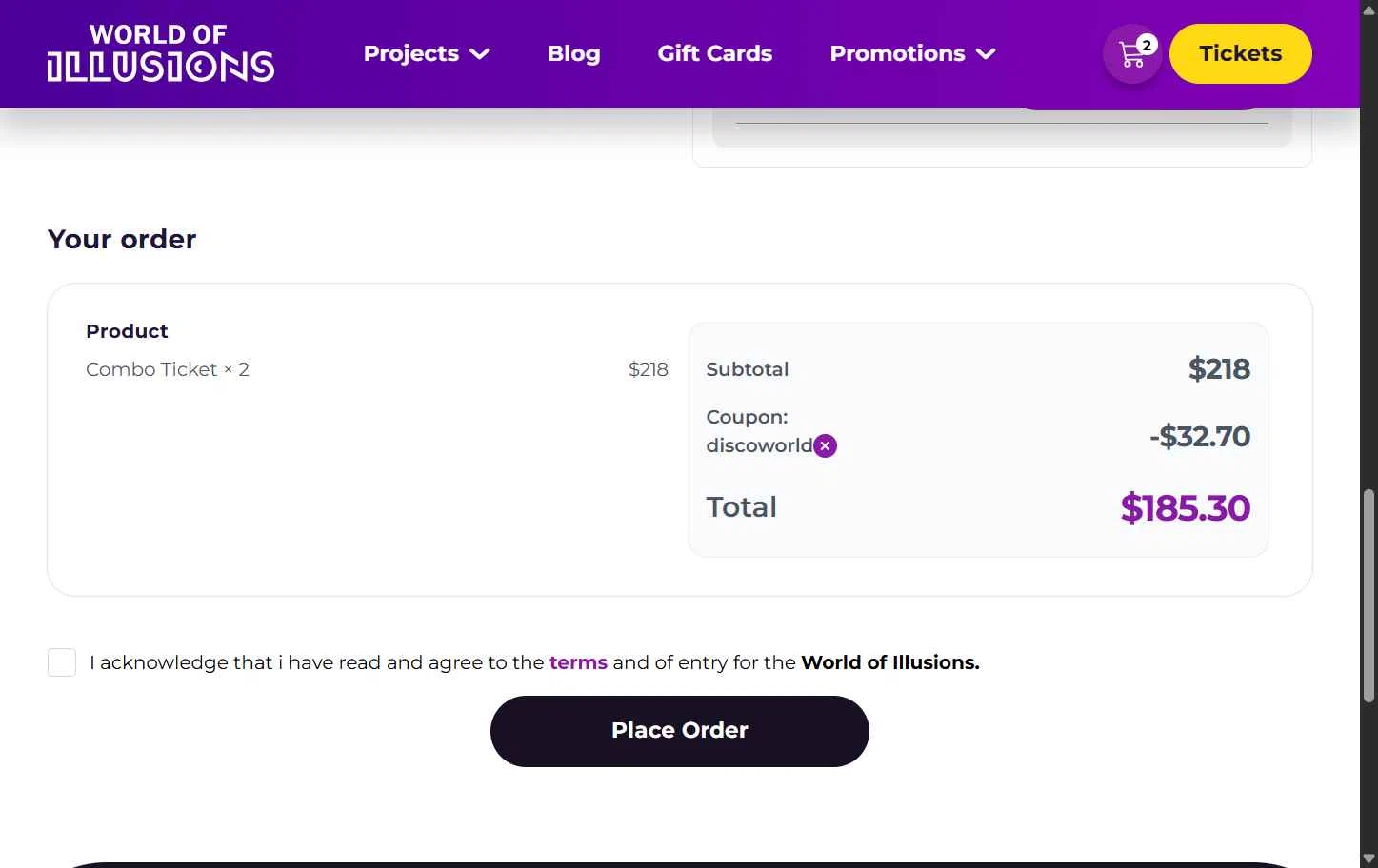 World of Illusions checkout page showing World of Illusions promo code box | Screenshot taken by SimplyCodes community member on Oct 10, 2025
