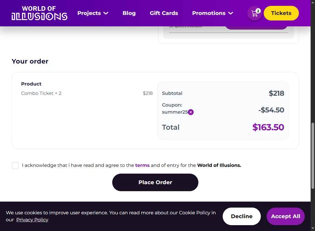 World of Illusions checkout page showing World of Illusions promo code box | Screenshot taken by SimplyCodes community member on Sep 26, 2025