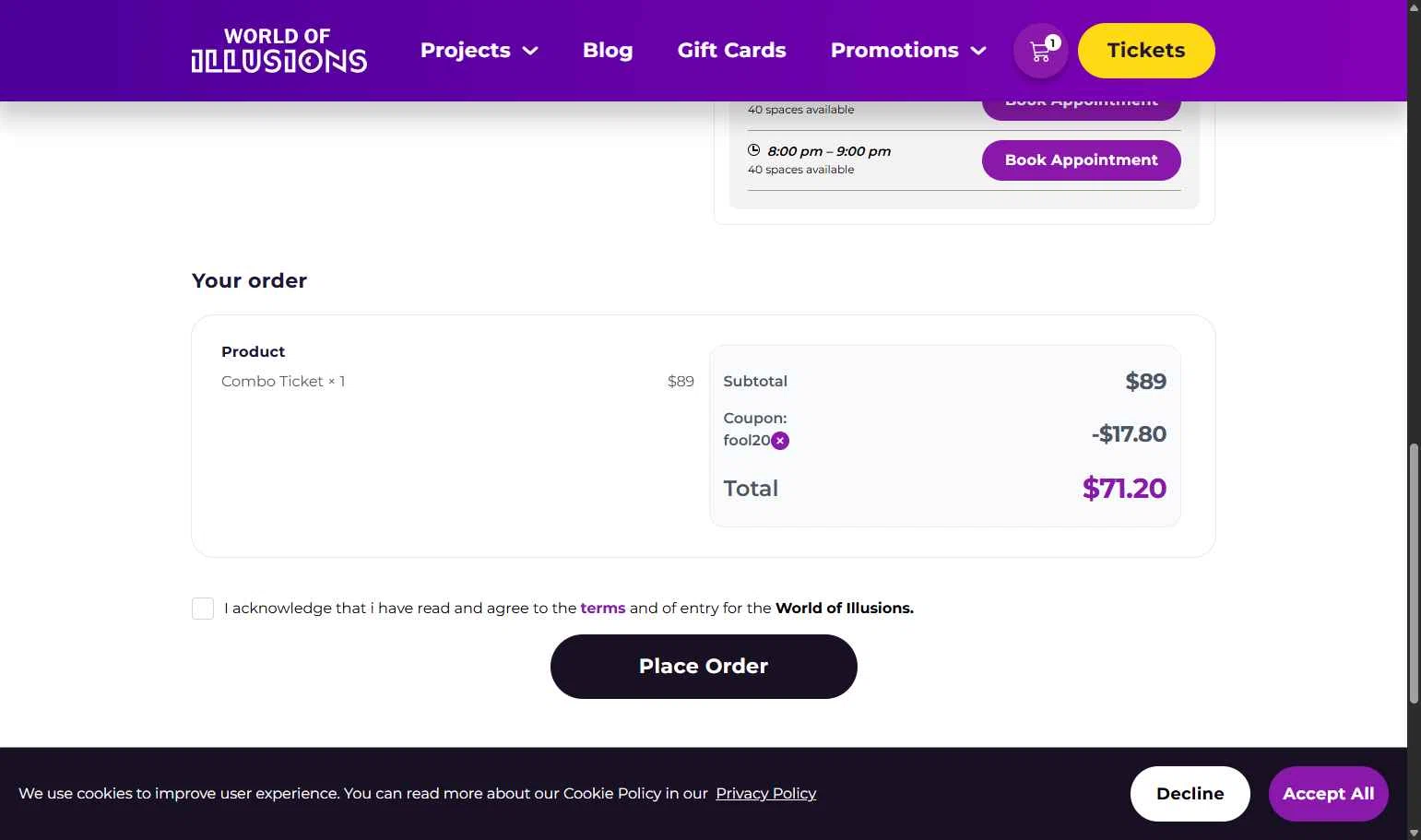 World of Illusions checkout page showing World of Illusions promo code box | Screenshot taken by SimplyCodes community member on Sep 25, 2025