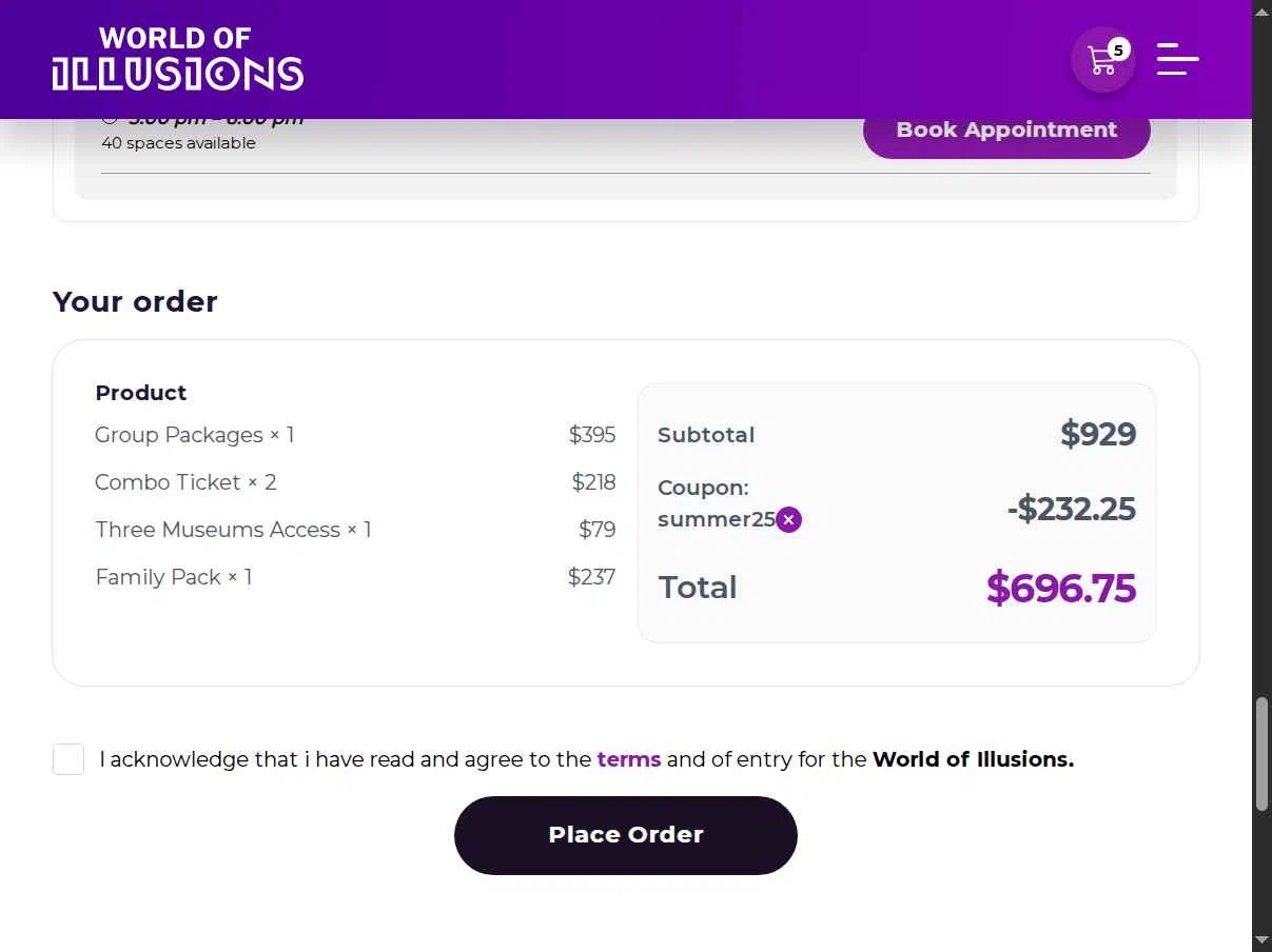World of Illusions checkout page showing World of Illusions promo code box | Screenshot taken by SimplyCodes community member on Sep 26, 2025