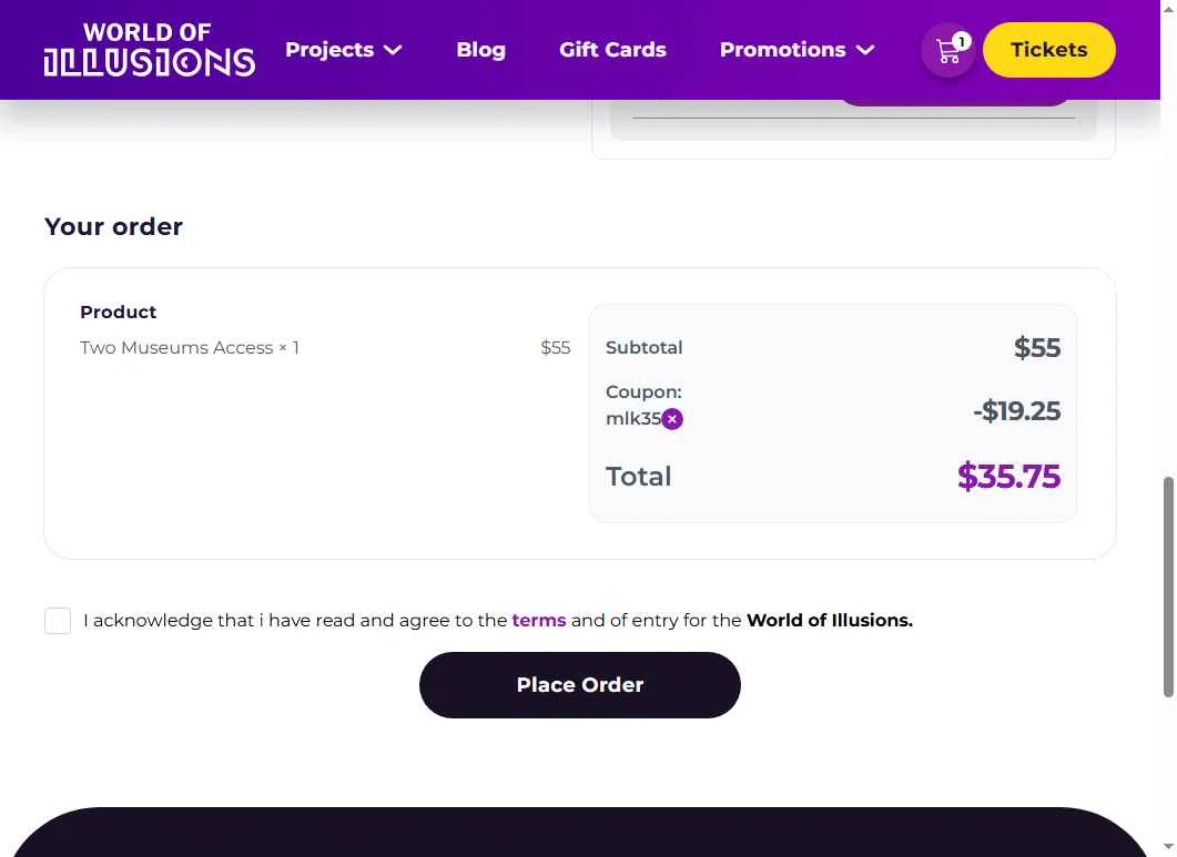 World of Illusions checkout page showing World of Illusions promo code box | Screenshot taken by SimplyCodes community member on Jan 18, 2026