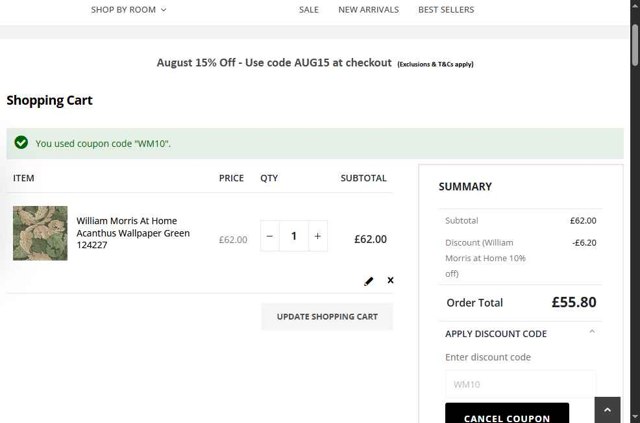 World of Wallpaper checkout page showing World of Wallpaper discount code box | Screenshot taken by SimplyCodes community member on Aug 26, 2025