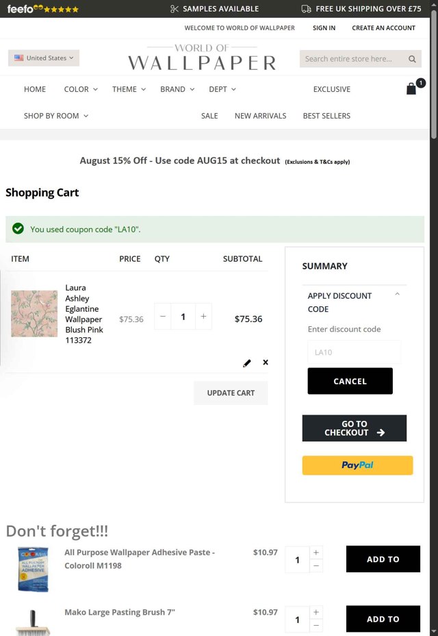 World of Wallpaper checkout page showing World of Wallpaper discount code box | Screenshot taken by SimplyCodes community member on Aug 22, 2025