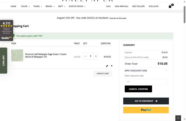 World of Wallpaper checkout page showing World of Wallpaper discount code box | Screenshot taken by SimplyCodes community member on Aug 16, 2025