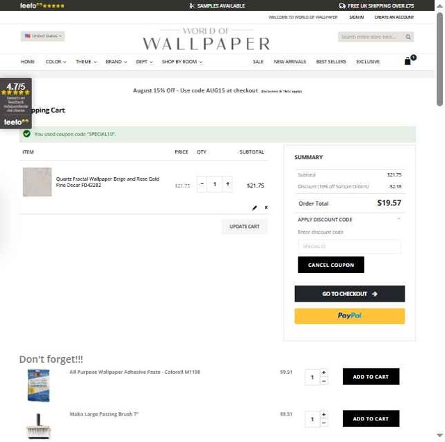 World of Wallpaper checkout page showing World of Wallpaper discount code box | Screenshot taken by SimplyCodes community member on Aug 16, 2025