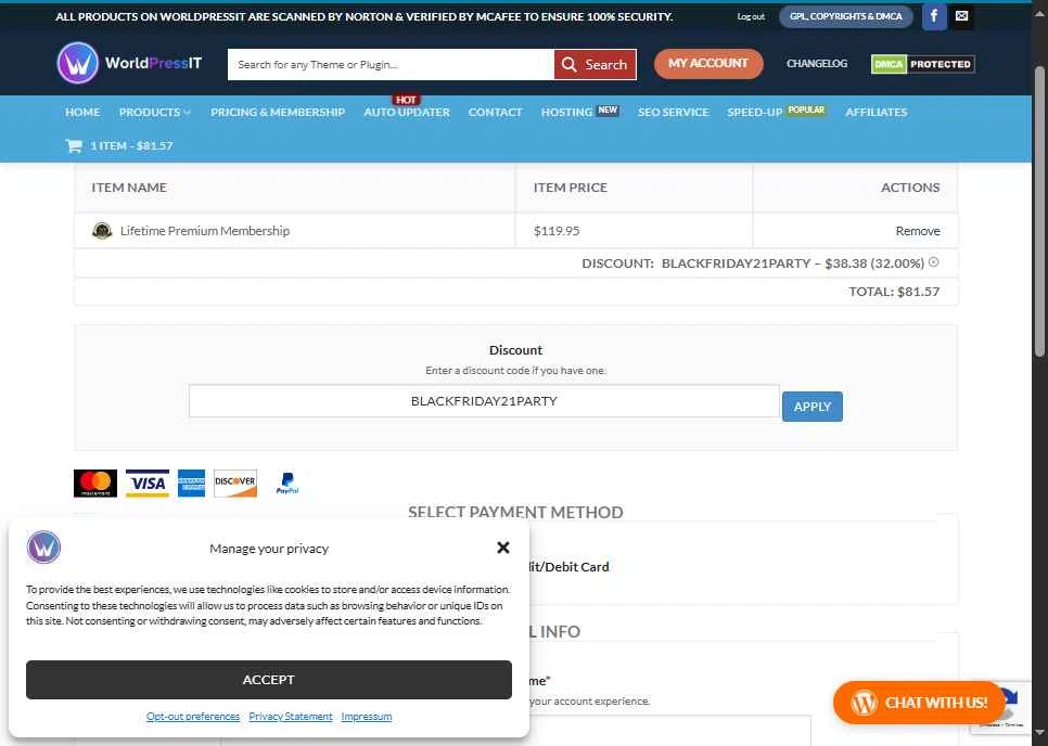 WorldPressIT checkout page showing WorldPressIT coupon code box | Screenshot taken by SimplyCodes community member on Oct 28, 2025