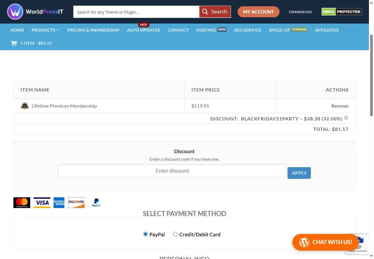 WorldPressIT checkout page showing WorldPressIT coupon code box | Screenshot taken by SimplyCodes community member on Nov 16, 2025