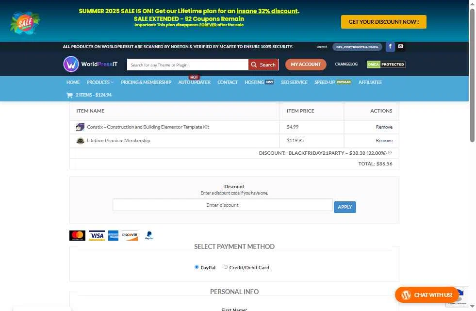 WorldPressIT checkout page showing WorldPressIT coupon code box | Screenshot taken by SimplyCodes community member on Oct 28, 2025