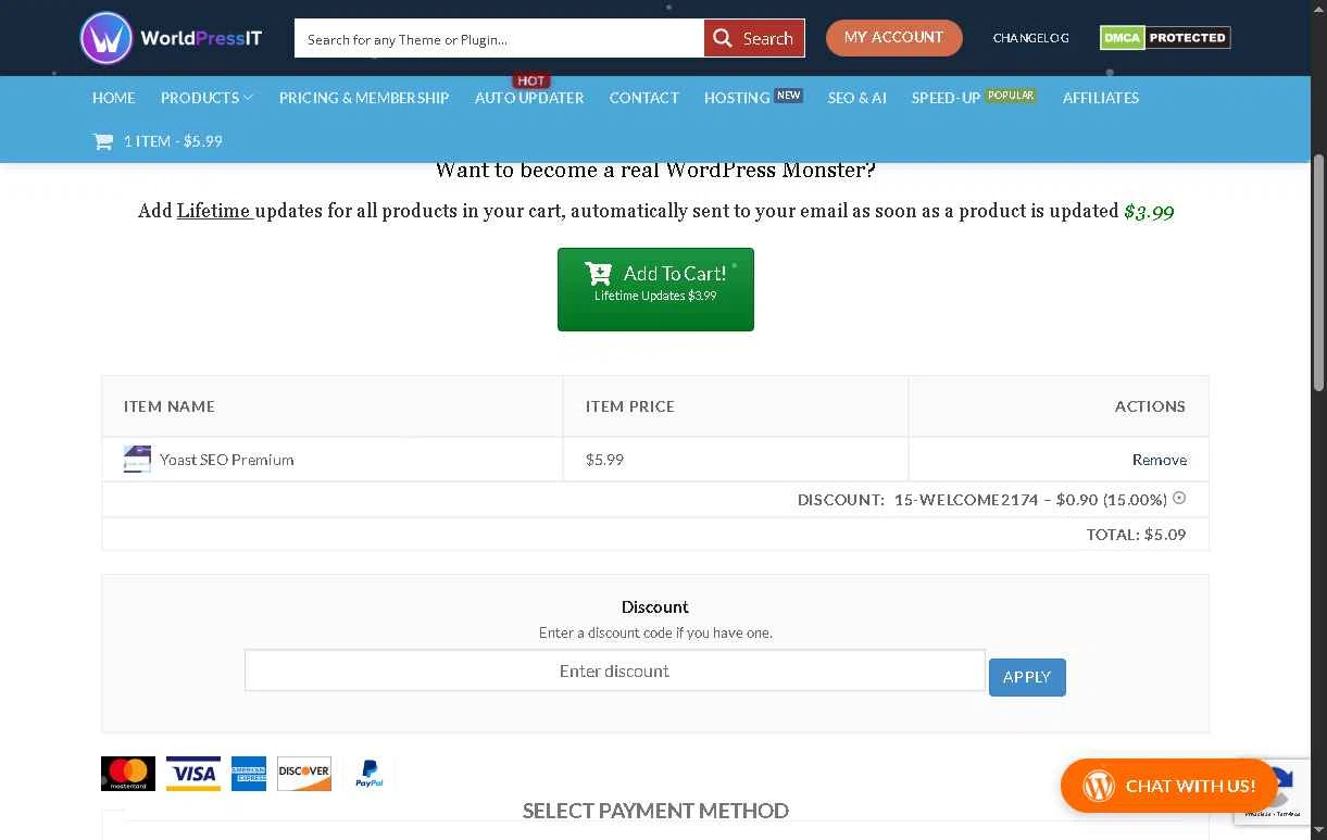 WorldPressIT checkout page showing WorldPressIT coupon code box | Screenshot taken by SimplyCodes community member on Jan 10, 2026